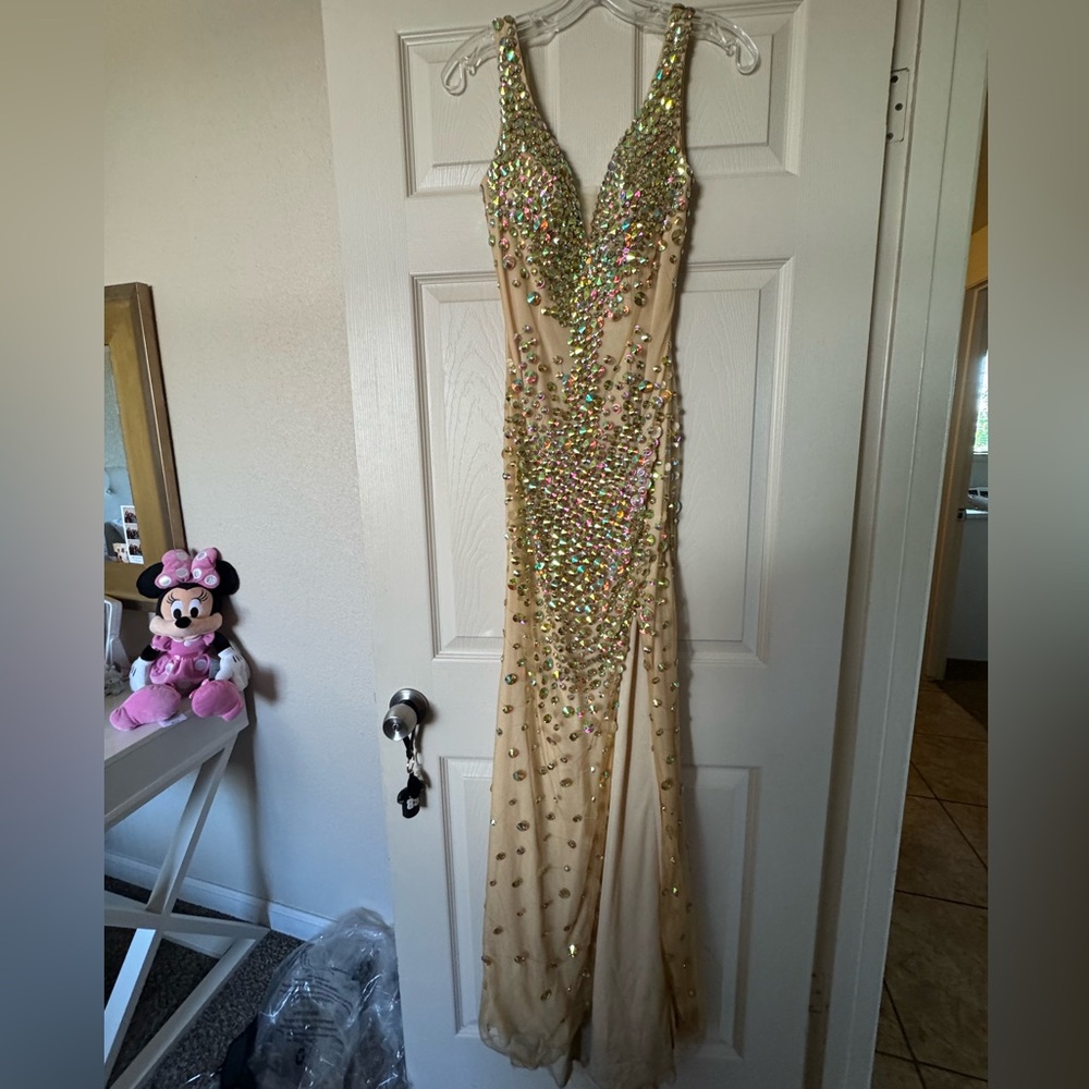 Angela & Alison Gold Sequin Embellished Prom Gown